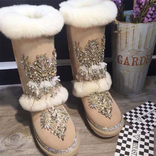 

boots winter handmade custom fur genuine leather cowhide high female crystal sequins beaded luxury warm snow, Black