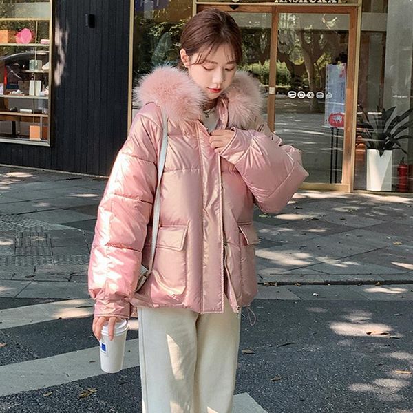 

women's down & parkas big fur collar hooded women short winter thick female glossy cotton padded jacket casual shiny warm puffer coat o, Black