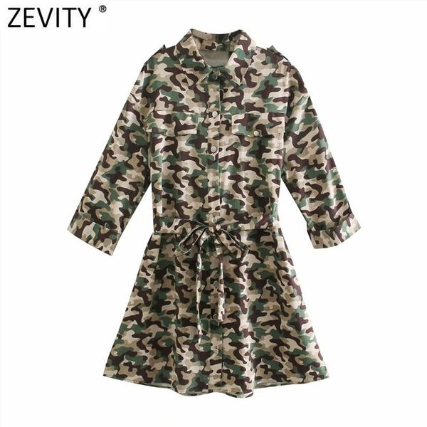 

women vintage camouflage print epaulet mini shirt dress female chic pockets breasted bow tied sashes vestidos ds8150 210416, Black;gray