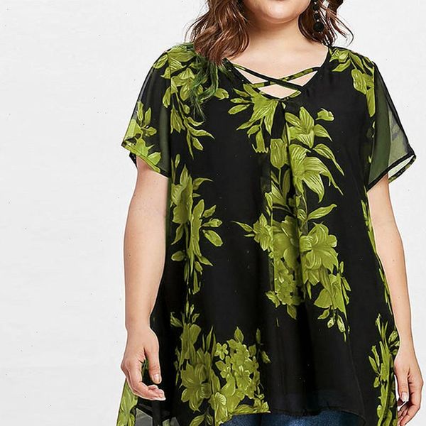 

double chiffon print womens blouses short sleeve loose plus size bluzka damska camisa feminina, White