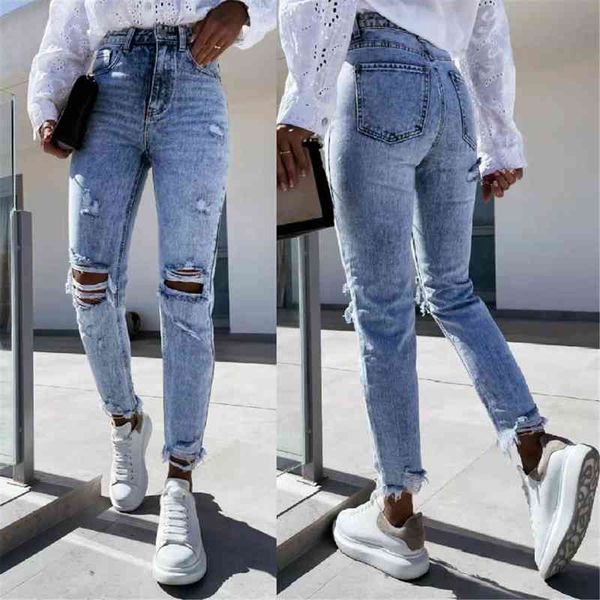 

button high waist pocket elastic women jean hole trousers slim denim pants mom ripped, Blue
