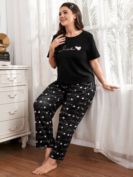 

plus heart and letter graphic pj set y7th#, Black;white