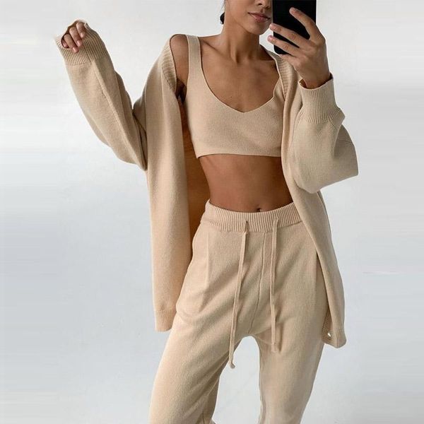 

women's two piece pants fashion knitted women three set casual tank cardigan and drawstring outfits solid long sleeve lady sports suits, White