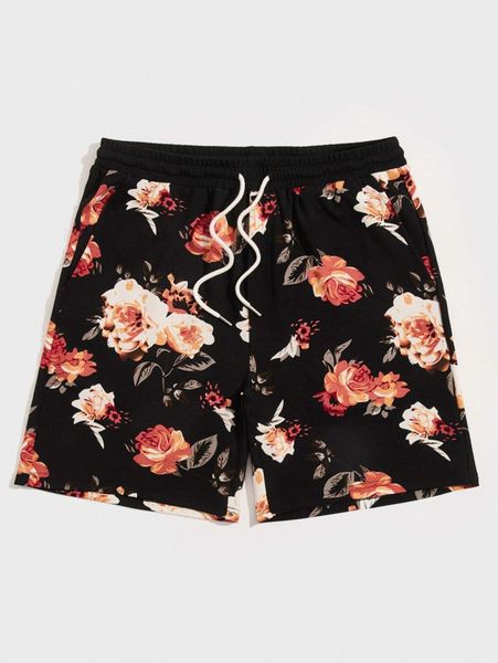 

men floral print drawstring waist shorts d8t5#, Black