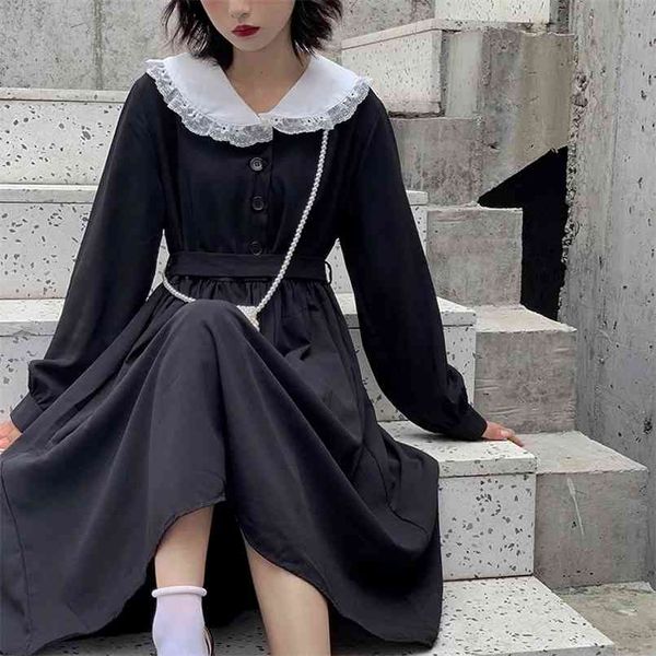 QWEEK Autunno Gothic Lolita Kawaii Abito Donna Colletto Peter Pan Manica lunga Abito longuette nero Lace-up Mall Goth Japanese Harajuku 210915