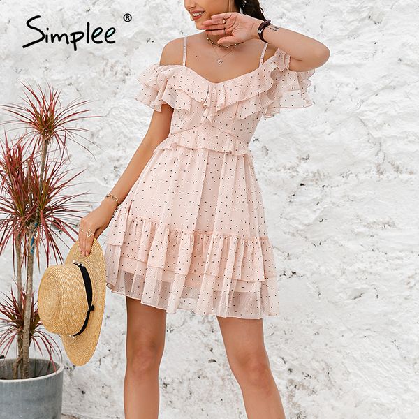 

2021simplee v-neck polka dot print women dress summer holiday style high waist ruffle mini dresses fashion a-line female dress, Black;gray