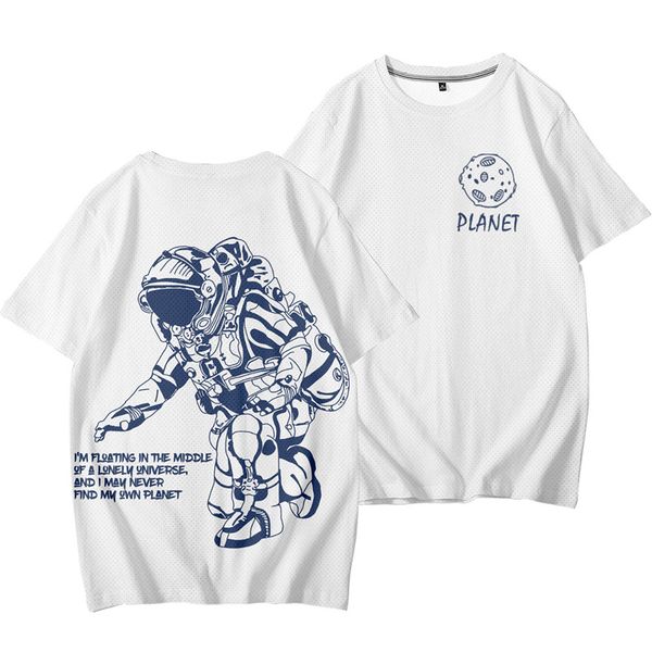 

spaceman printed fashion t-shirt summer loose short-sleeved t-shirt men's casual street style mesh sports t-shirt, White;black