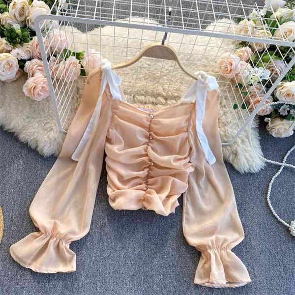 

women's hit color suspenders stitching fold square neck lantern sleeves slim short chiffon shirt uk799 210506, White