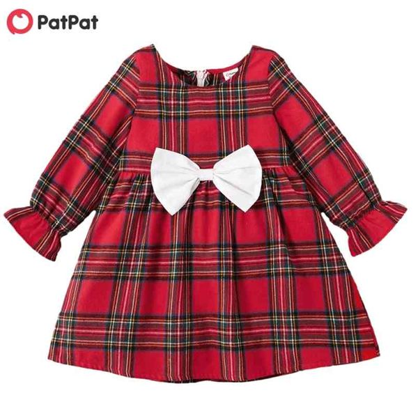 Frühling und Herbst Kleinkind Mädchen Bowknot Classic Grid Langarmkleid 210528