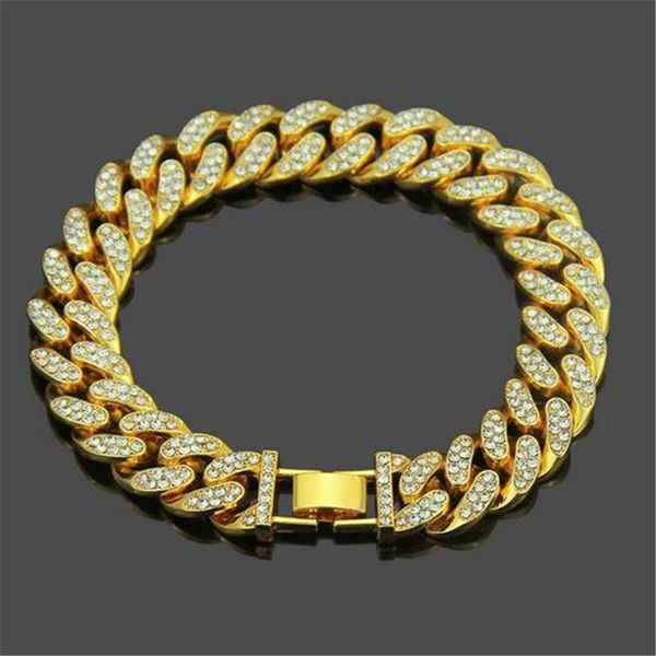 

link, chain iced out men hip hop bling cuban bracelet paved rhinestone bracelets for women jewelry cz link drop, Black