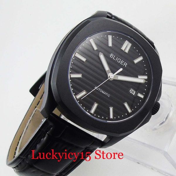 

bliger black automatic gentlemen clock 39mm date leather band indicator, Slivery;brown