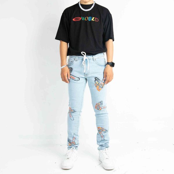 

jeans 20ss washed faded blue print casual slim fit versatile light leggings men