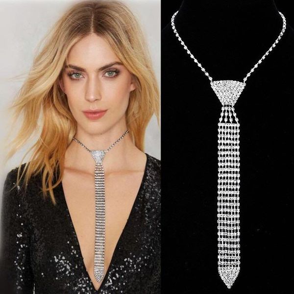 

chains luxury women's crystal necklace fashion dress with necktie bridal wedding jewelry christmas gift accessories, Silver