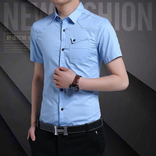 

summer men's solid color short sleeve shirt male fashion soldier cotton casual slim fit overalls safari style cargo blouses shirts, White;black