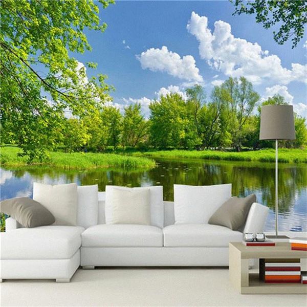 

wallpapers 3d garden natural scenery wallpaper mural living room sofa tv background wall blue sky white clouds green wood river reflection