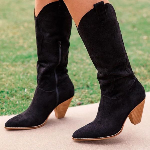 

boots 2021winter women mid-calf solid color zipper women's pointed toe warm flock fashion females shoes western, Black