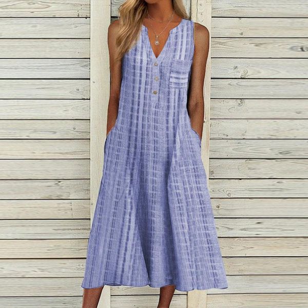 

casual dresses elegant v-neck buttons women sleeveless dress summer pockets loose ladies retro printing femme a-line vestido, Black;gray
