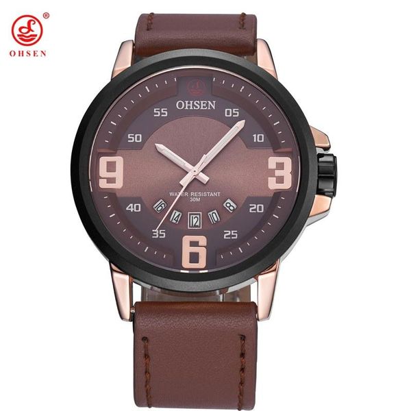 

wristwatches ohsen brand analog quartz watch men auto date fashion casual sports watches man leather relogio masculino, Slivery;brown