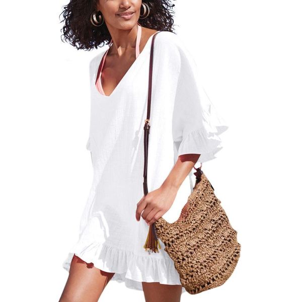 

solid cover ups white beach dress woman v neck long sleeve cover-ups bathing suit women bikinis up women's swimwear, White;black