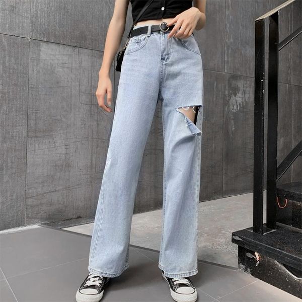 

lugentolo high waist jeans women straight wide leg hole loose washed autumn fashion medium cotton full length women's, Blue