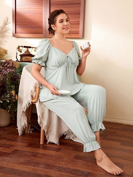 

plus flounce sleeve bustier & ruffle hem pants pj set i4by#, Black;white