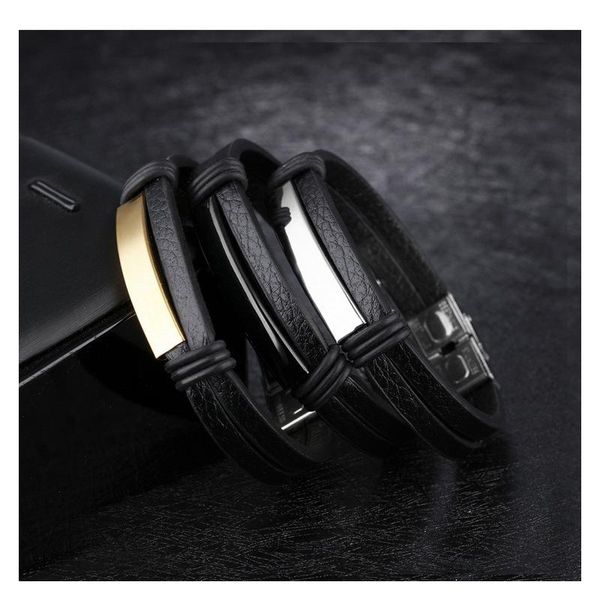 

bangle man stainless steel double leather pu simple classical creative and high quality, Black