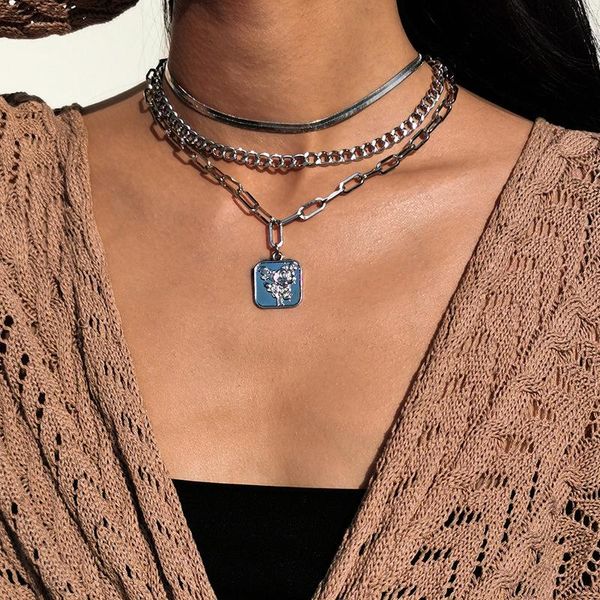 

pendant necklaces timeonly elegant multi layered square floral snake neckalces chunky cuban chain neckalce for women ladies jewellery, Silver