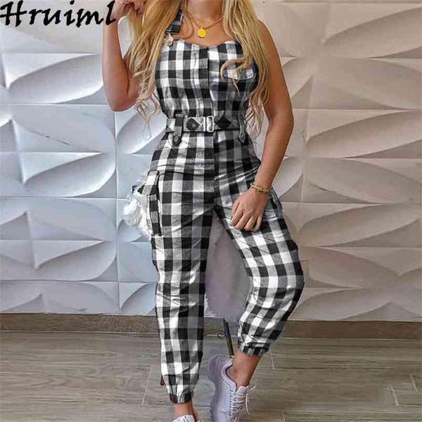 

plaid jumpsuits overalls for women sleeveless sling sashes high waist pocket romper casual outfit monos mujer 210513, Black;white