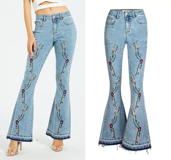 

american and european jeans wide leg pants embroidered horn women's, Blue