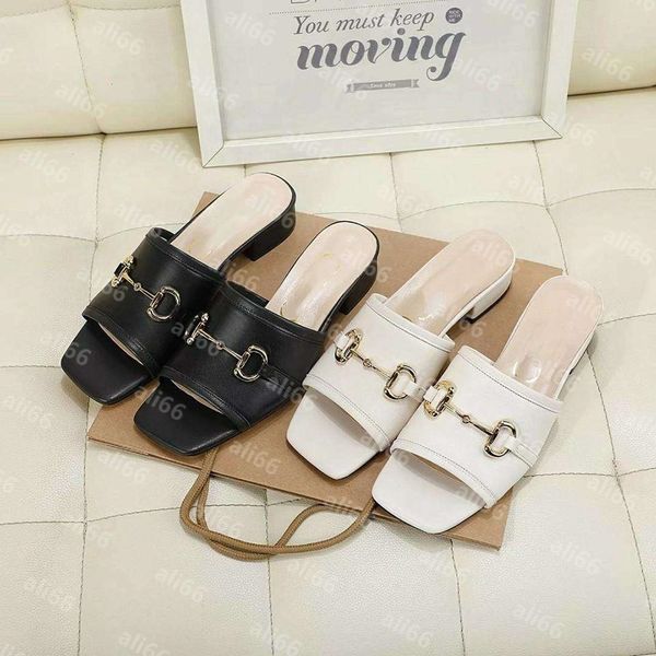

luxury designers slipper and sandal women flat leather beach slides shoes with one button summer 2023 soft soles sneakers, Black