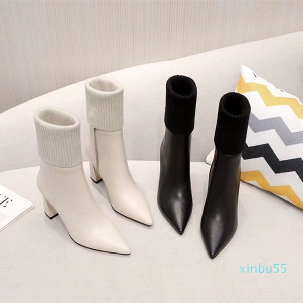 Moda Tasarımcı Tasarım Lady Deri Botlar Yüksek Topuk Kumaş Ekleme Cömert Lüks Zarif Botlar 35-41