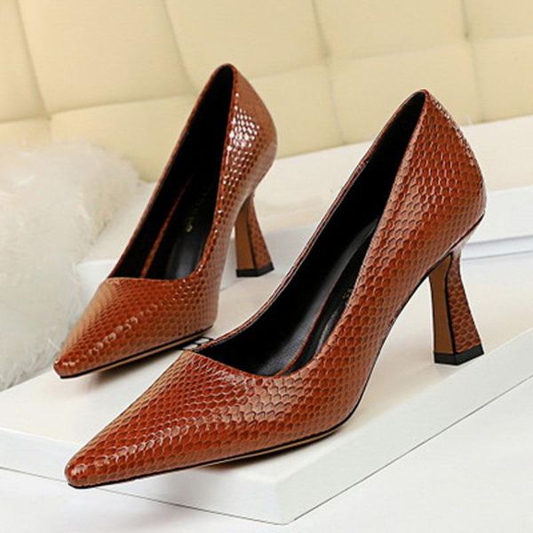 

dress shoes 2021 women's high heels fashion thick slimmer shallow pointed snake pattern, Black