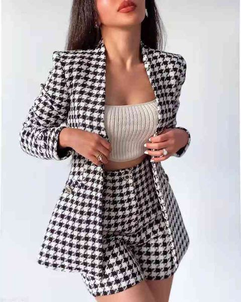 

women' tracksuit xikom 2022 tweed two piece set women vintage v neck long sleeve office lady slim blazer coat female hight waist short, Gray