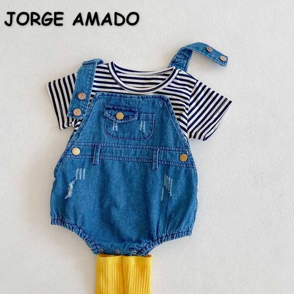 Summer Kids Girls 2-PCS Conjuntos T-shirt listrado + Denim Macacões Shorts Estilo Casual Crianças roupas E6087 210610