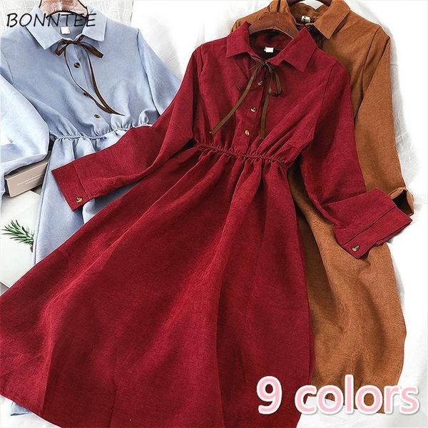 

ulzzang retro spring women dress elastic waist knee length simple solid button bows vintage lady party clothing, Black;gray