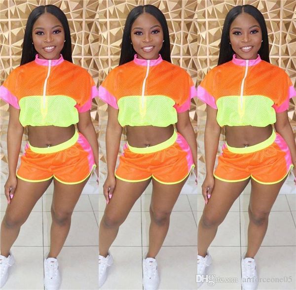 

women's fluorescence panelled womens 2pcs suits zipper stand collar clothing summer fashion casual street tracksuits, Gray