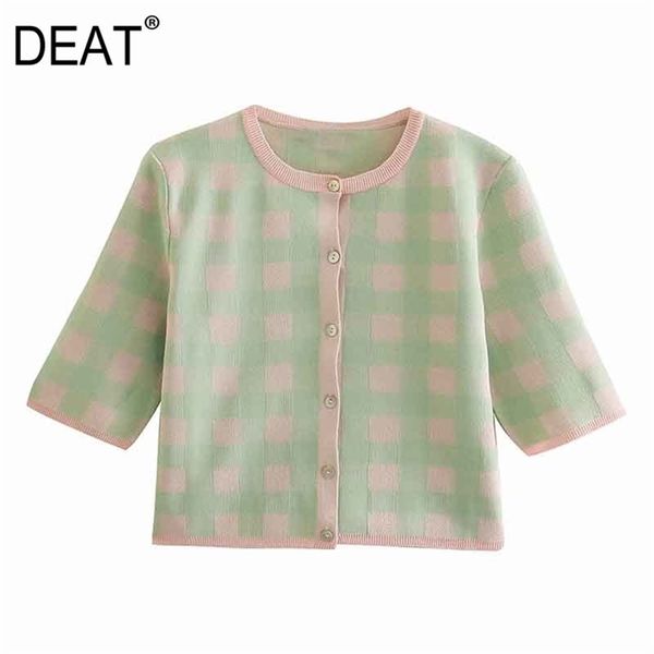 

[deat] spring fashion round neck half sleeve lattice single-breasted knitting cardigan sweater women 13c463 210527, White