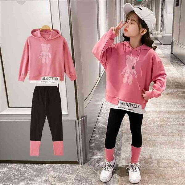 

autumn winter girls clothes tracksuit bear solid loose hoodie t shirt leggings stretch pants 4 5 6 7 8 9, White