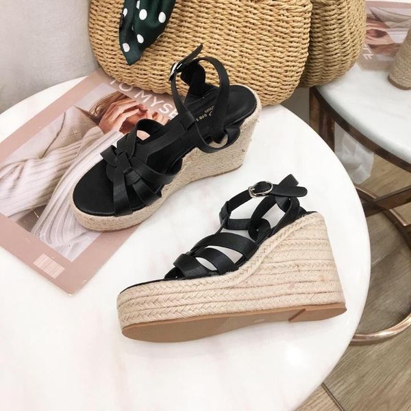 

dress shoes women wedges heels platform summer sandals ladies candy color casual girls slip on strap cross plus size 2021, Black
