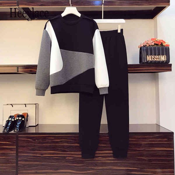 

women's suits & blazers plus female size 2 pieces together autumn sweatshirt + pant defines long sleeve around retro neck fashion suit, White;black