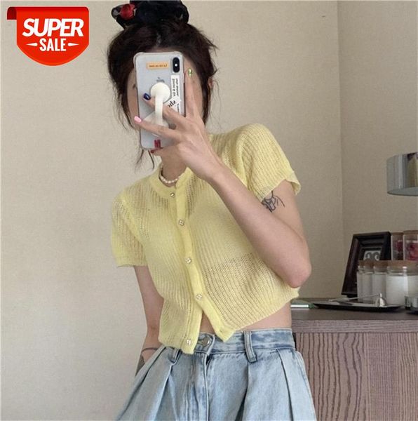 

ins all-match button thin knit short short-sleeved cardigan #sq1n, Black;gray