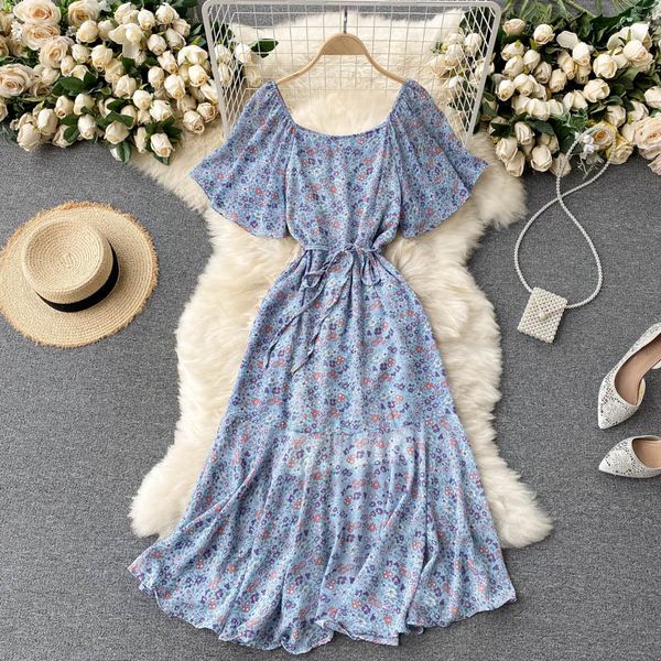 

dresses korean sweet floral women square collar flying sleeve ruffle a-line es summer boho print chiffon midi, Black;gray