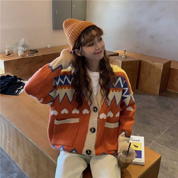 Herbst Korea ins Harajuku süße BF lose lange langärmelige Strickpullover Frauen Mode Strickjacke V-Ausschnitt Freizeitjacke 210608