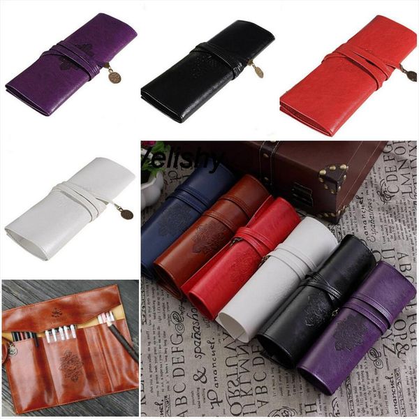 

1pc women makeup cosmetic bag pen pencil brush case pouch vintage roll leather purse