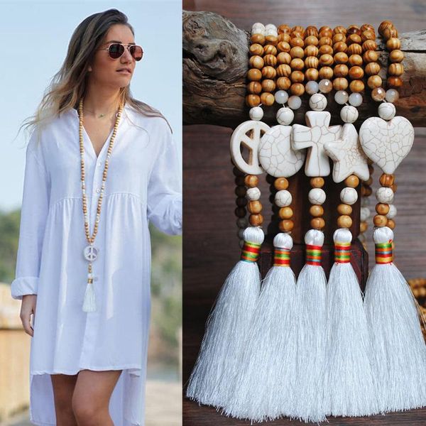 

pendant necklaces vintage bohemian tassels long chain beads necklace handmade stones wood ethnic for women fashion jewelry, Silver
