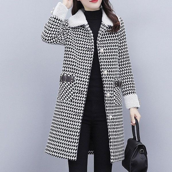 

women's wool & blends jacket women coat plus size winter houndstooth veste manteau femme, Black