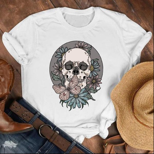 

women lady printed womens t shirt flower skull horror fashion 90s style clothes female print tee top, White