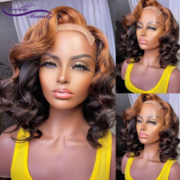 

lace wigs 4x4 closure ombre blonde color wave for women human hair brazilian remy pre plucked dream beauty, Black;brown