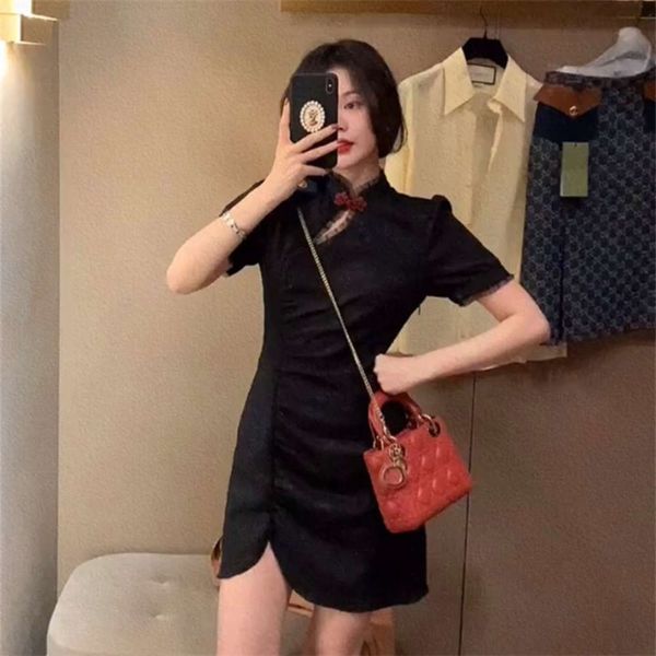 

big eees girlish chinese style improved cheongsam black dress french skirt, Black;gray