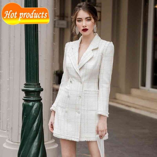 

two piece dress you all in the standard plaid button design trun-down collar celebrity party mini blazer dress 4kdj, White
